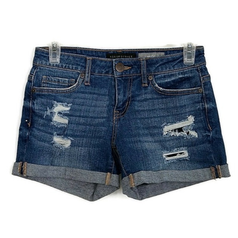 Aeropostale Midi Jean Shorts Cuffed Medium Wash Distressed Denim sz‎ 00